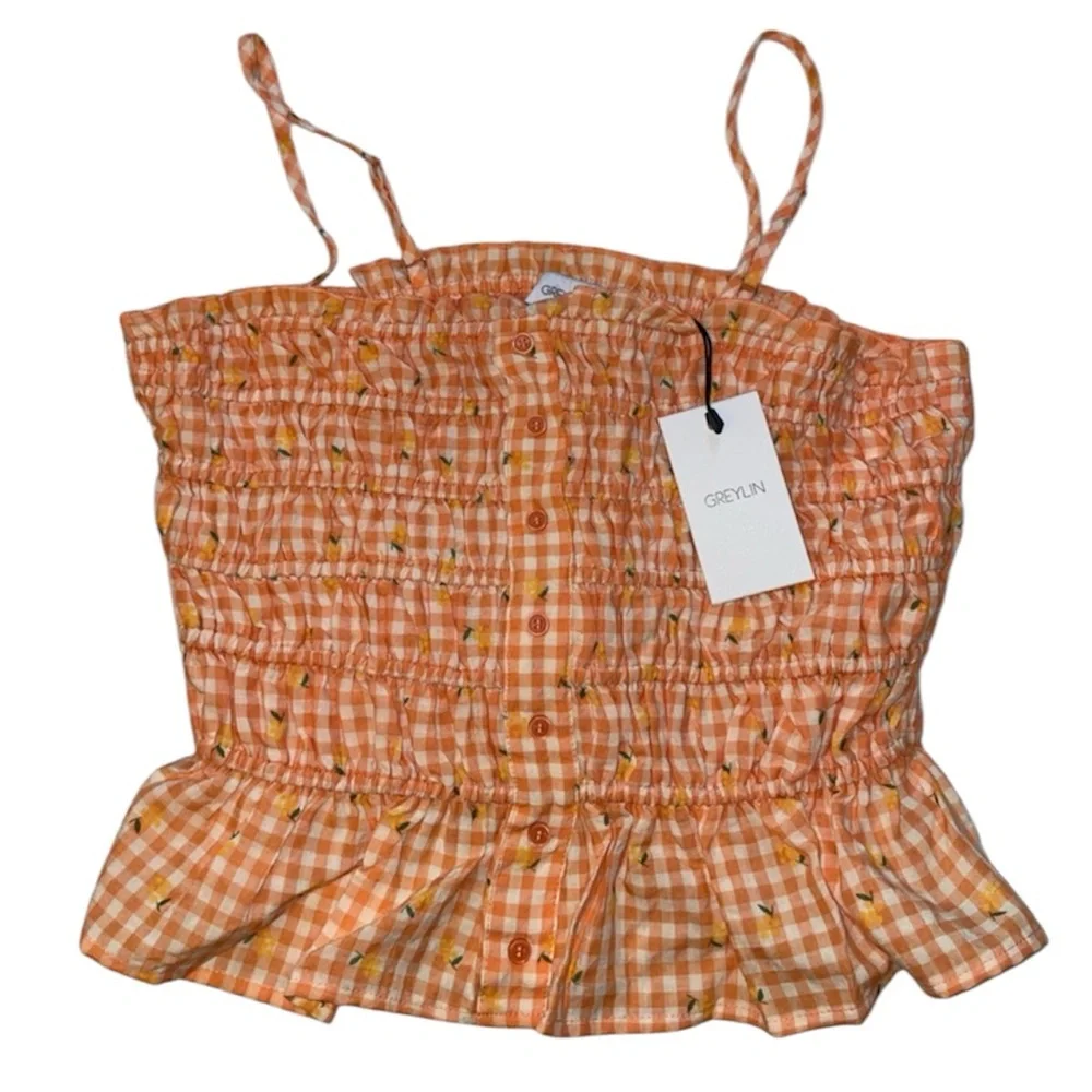Greylin Orange Smocked Peplum Crop Top with Yellow Flower Pattern Detail - Picture 2 of 6